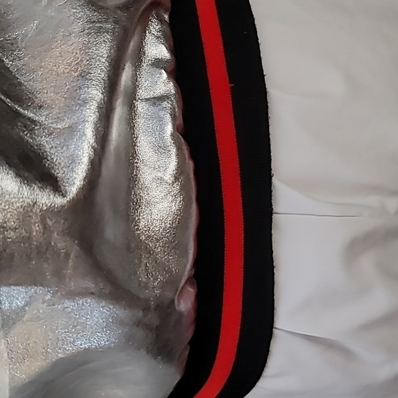 Silver metallic bomber jacket kids large black red stripes Haoduoyi brand - Picture 8 of 17